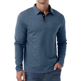 Mens Cotton Long Sleeve Polo Shirts Contrasting Collar Casual Golf Tee