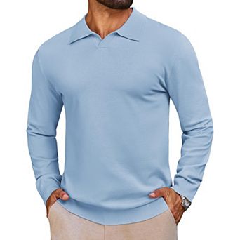 Mens Long Sleeve V Neck Knit Polo Shirts Casual Golf Stretchy Soft