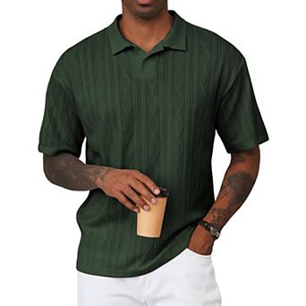 Mens Textured Knit Short Sleeve Polo Shirt Stretchy Casual Golf Summer Top
