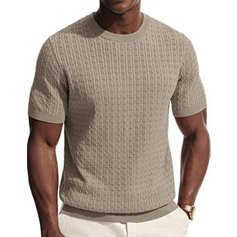 Mens Short Sleeve Crewneck Hollow Out Textured Knit Casual Tee Shirts