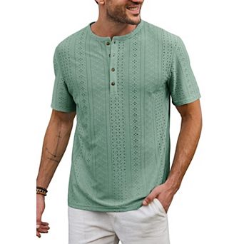 Men's Jacquard Textured Henley Shirt Summer Casual Breathable Tee