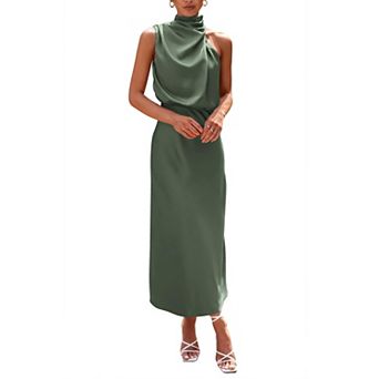 Women Satin Sleeveless Mock Neck Fit And Flare Maxi Cocktail Party Dress