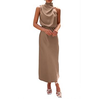 Women Satin Sleeveless Mock Neck Fit And Flare Maxi Cocktail Party Dress