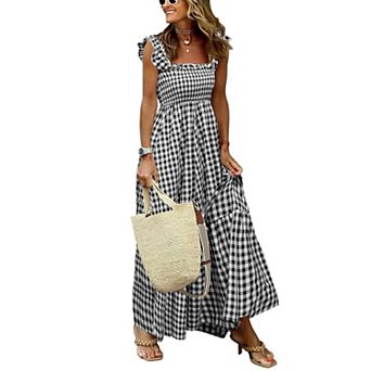 Women's Retro Plaid Smocked Sleeveless A-Line Dress With Pockets
