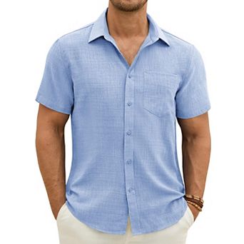 Mens Wrinkle Resistant Linen Textured Short Sleeve Button Down Casual Summer Shirt