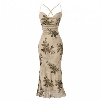 Womens Floral Print Cowl Neck Sleeveless Bodycon Maxi Dress Summer Cocktail Party Wear