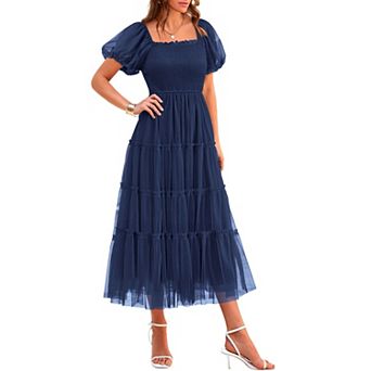 Women's Smocked Midi Tulle Dress Puffy Short Sleeves Square Neck Elegant Summer Party Dress