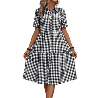 Women Plaid Short Sleeve Button Down Shirt Dress Retro A-Line Midi Tunic with Pockets