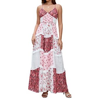 Women Floral Patchwork Maxi Dress Spaghetti Strap V Neck Boho Sundress
