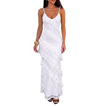 Womens V Neck Spaghetti Strap Lace Bodycon Maxi Party Dress