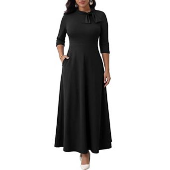 Women A Line Tie Neck Maxi Dress Pockets Casual Formal Wear
