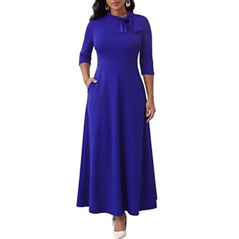 Women A Line Tie Neck Maxi Dress Pockets Casual Formal Wear