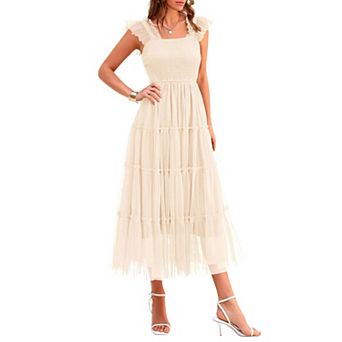 Women's Smocked Square Neck Tulle Midi Dress Sleeveless A Line Flowy Tiered Party Dress