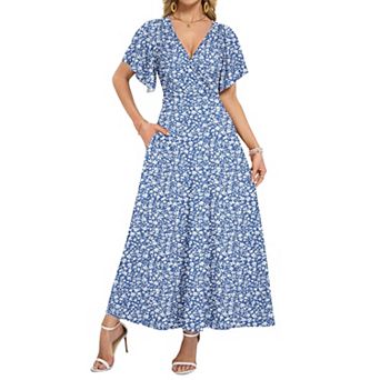 Women Ruffle Sleeve V Neck Wrap Maxi Dress Summer Vacation Wedding Guest Formal Wear