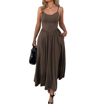 Womens Spaghetti Strap Maxi Dress Sleeveless Casual Flowy Long Dress With Pockets