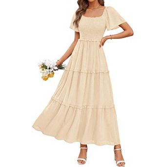 Womens Boho Swiss Dot Maxi Dress Smocked Square Neck Short Sleeve Pockets Flowy Summer Dress