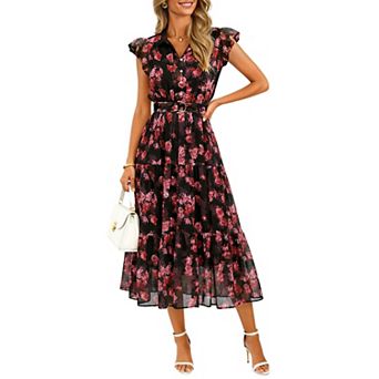 Womens Flutter Sleeve Chiffon Midi Dress A Line Cocktail Party Guest Wear