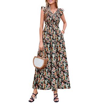 Women's Smocked Boho Floral Maxi Dress V Neck Ruffle Sleeve Long Flowy Sundress