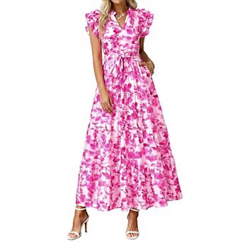 Women Boho Maxi Dress V Neck Ruffle Cap Sleeve Tie Waist Tiered Flowy Summer Sundress With Pockets