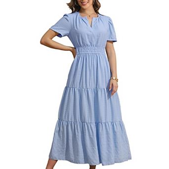 Women Short Sleeve Maxi Dress Elastic Waist Pockets Casual Summer A Line Dress