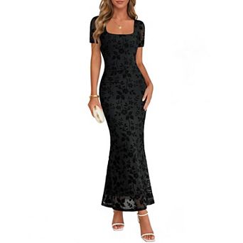 Womens Floral Mesh Maxi Dress Square Neck Formal Cocktail Party Guest Gown