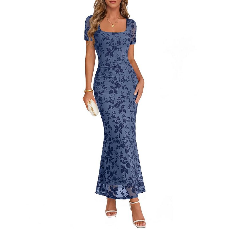 Womens Floral Mesh Maxi Dress Square Neck Formal Cocktail Party Guest Gown