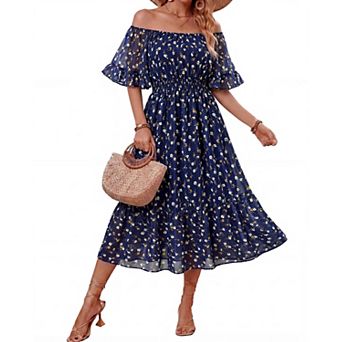 Women's Summer Boho Off Shoulder Midi Dress Ruffle Sleeve Flowy Chiffon Dress