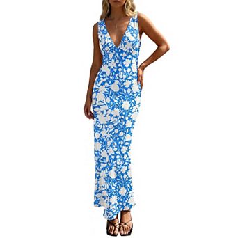 Womens Polka Dot Maxi Dress Sleeveless V Neck Bodycon Party Vacation Dress