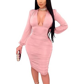 Women's Long Sleeve Deep V Neck Ruched Bodycon Midi Cocktail Party Dress