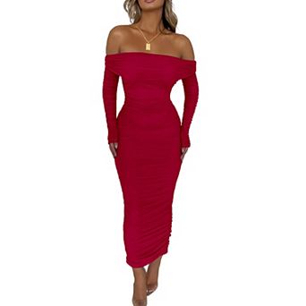 Women's Off The Shoulder Long Sleeve Ruched Maxi Bodycon Dress For Wedding Party Date Night