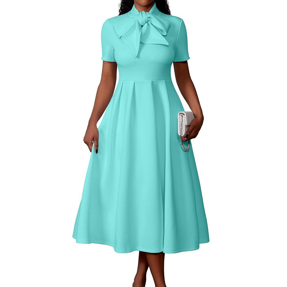 Women's Elegant Stretchy Short Sleeve Pockets Fit Flare Dress For Work ...