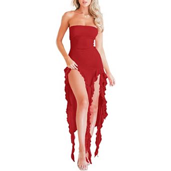Womens Pleated Strapless Sleeveless Ruched Bodycon Midi Dress