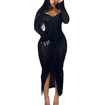 Women Off Shoulder Ruffle Bodycon Maxi Dress Sheer Mesh Button Down