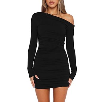 Off Shoulder Long Sleeve Ruched Bodycon Mini Cocktail Party Dress