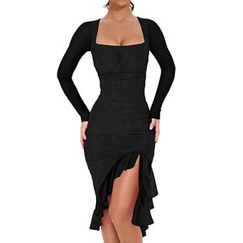 Women's Ruched Bodycon Midi Cocktail Dress Long Sleeve Square Neck Ruffle Hem Party Dress