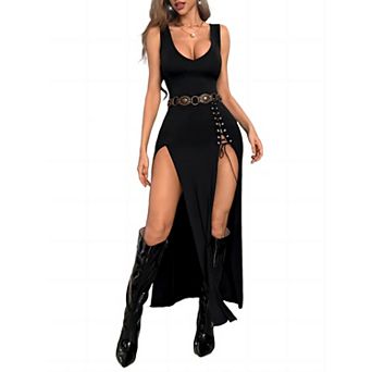 Women's Sleeveless V Neck High Slit Lace Up Maxi Dress Bodycon Vintage Party Wear