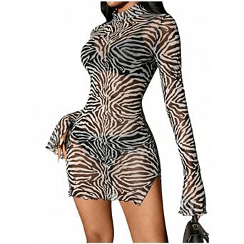 Women's Leopard Print Mock Neck Split Bell Long Sleeve Bodycon Mini Dress