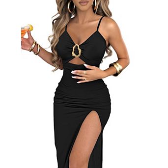 Women V Neck Spaghetti Strap Cut Out High Slit Bodycon Midi Dress Party Club Wear
