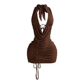 Women's Halter Deep V Neck Bodycon Mini Dress Metal Ring Party Club Wear