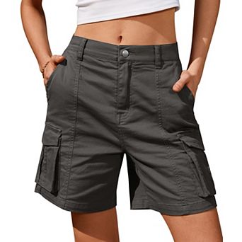 Women Cotton Cargo Bermuda Shorts Elastic Waist Multi Pockets Summer Casual Wear