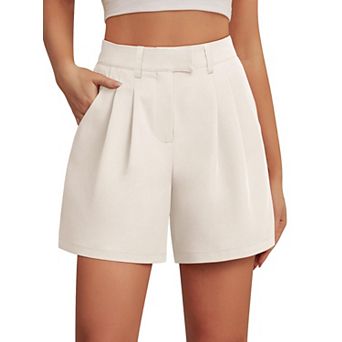 Womens Elastic Waist Pleated Tailored Work Shorts With Pockets Summer Casual Wear