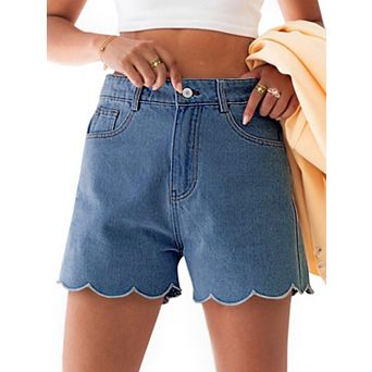 Womens High Waisted Denim Shorts Wave Hem Straight Leg Casual Summer Jorts