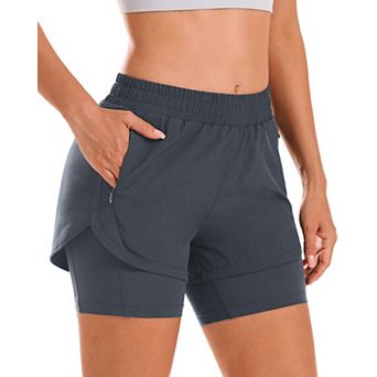 Women's 2 in 1 Athletic Running Shorts With Liner Zip Pockets