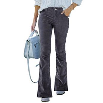 High Waist Stretch Flared Corduroy Pants With Pockets Tummy Control