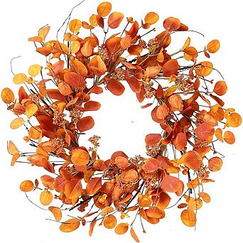 20-Inch Fall Harvest Wreath with Eucalyptus, Berries & Orange Leaves