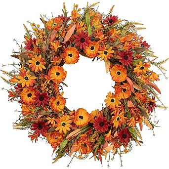 22-Inch Artificial Fall Wreath with Orange Daisies, Wildflowers & Berries