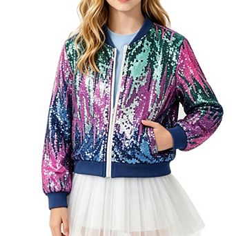 Girls Sequin Bomber Jacket Zip‑Up Long Sleeve Kids Glittering Outerwear Coat