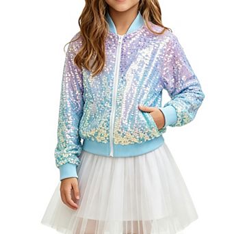 Girls Sequin Bomber Jacket Zip‑Up Long Sleeve Kids Glittering Outerwear Coat