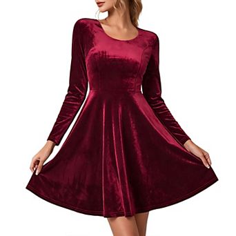 Women's Velvet Dress Crew Neck Long Sleeve Cocktail Solid Flowy Christmas Wedding Guest Dresses