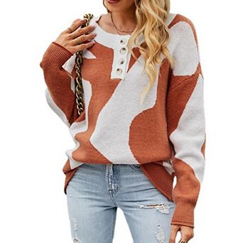 Women Color Block Sweater Long Sleeve Button v‑Notch Crew Neck Knit Pullover Loose Fit Knitted Tops